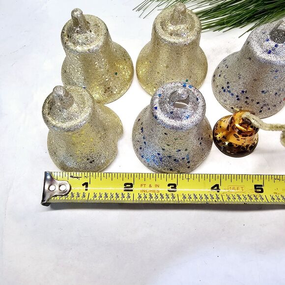 Vintage 6 Hard Plastic Gold Silver Glitter Bell Christmas Tree Ornaments Retro! - Picture 8 of 11